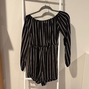 PrettyLittleThing Black and White Striped Off-Shoulder Romper